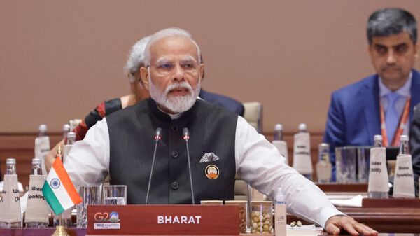Премьер-министр Индии Нарендра Моди выступает на саммите Большой двадцатки в Нью-Дели