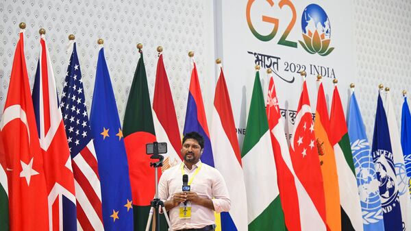 Журналист в международном медиацентре G20 в Нью-Дели