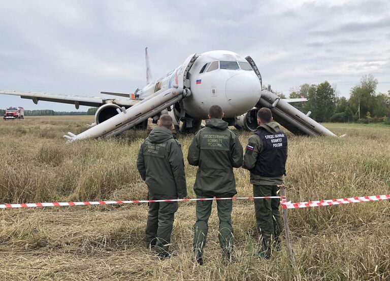 Сотрудники СК РФ возле самолета авиакомпании Уральские авиалинии, совершившего аварийную посадку на грунт в Убинском районе Новосибирской области