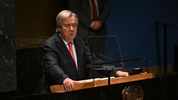 Антониу Гутерреш выступает на Генеральной Ассамблее Организации Объединенных Наций в штаб-квартире ООН в Нью-Йорке. 19 сентября 2023