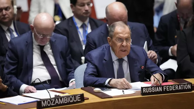 Министр иностранных дел России Сергей Лавров на заседании Совета Безопасности ООН по Украине