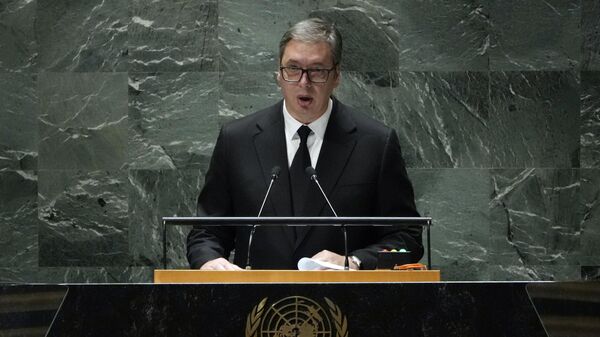Президент Сербии Александр Вучич выступает на Генеральной Ассамблее ООН. Архивное фото