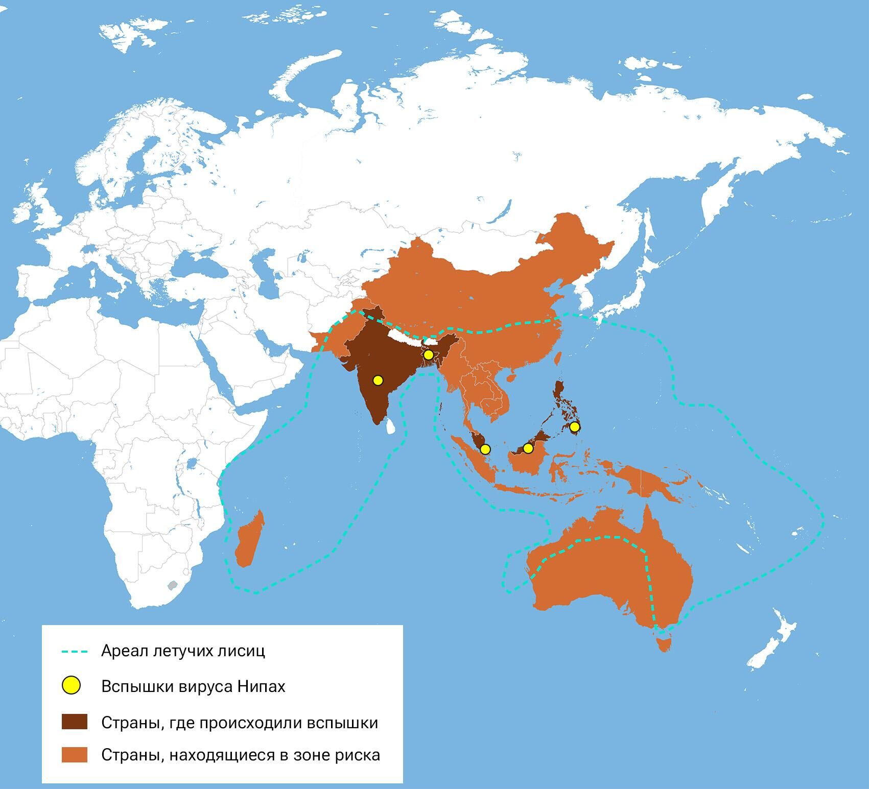 Карта вспышек вируса Нипах и распространения летучих лисиц - РИА Новости, 1920, 22.09.2023