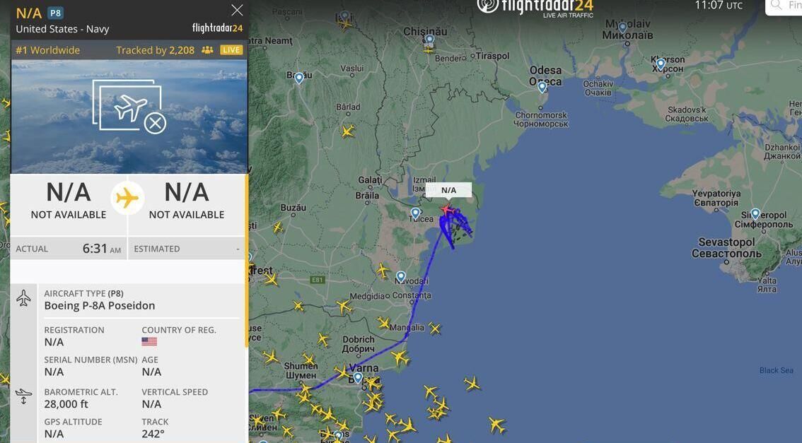 Скрин сервиса Flightradar с данными о нахождении самолета-разведчика Boeing P-8S Poseidon - РИА Новости, 1920, 22.09.2023