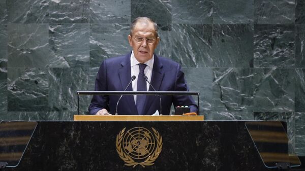 Министр иностранных дел России Сергей Лавров выступает на 78-ой сессии Генеральной Ассамблеи ООН