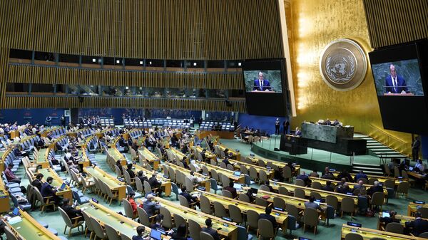 Министр иностранных дел России Сергей Лавров выступает на 78-ой сессии Генеральной Ассамблеи ООН
