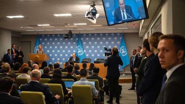 Министр иностранных дел России Сергей Лавров на пресс-конференции по итогам своего выступления на 78-й Генеральной Ассамблее ООН