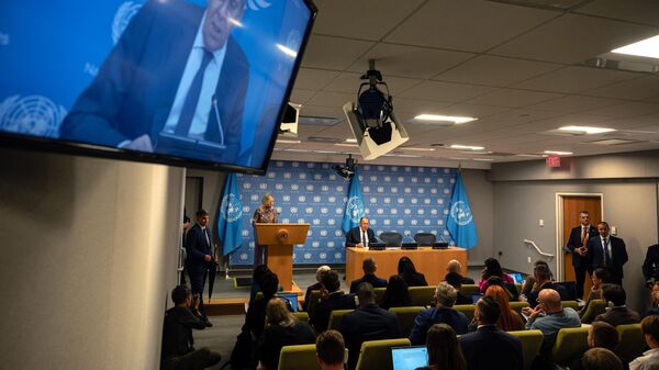 Министр иностранных дел России Сергей Лавров на пресс-конференции по итогам своего выступления на 78-й Генеральной Ассамблее ООН