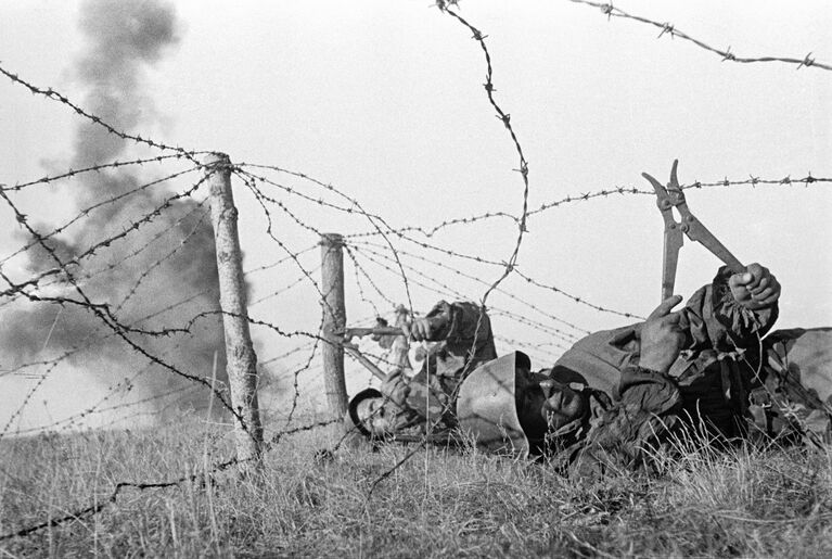 Мелитопольская наступательная операция Южного (с 20 октября 1943 - 4-го Украинского) фронта. Саперы под огнем противника делают проходы в проволочных заграждениях. Конец сентября - начало октября 1943 года