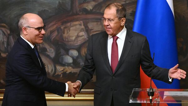 Министр иностранных дел РФ Сергей Лавров и министр иностранных дел Туниса Набиль Аммар во время встречи в Москве. 26 сентября 2023