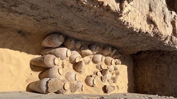 Кувшины с остатками 5000-летнего вина, обнаруженные в ходе раскопок в провинции Сохаг в центральной части Египта