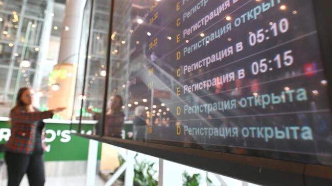 Девушка возле электронного табло с регистрацией в аэропорту Домодедово