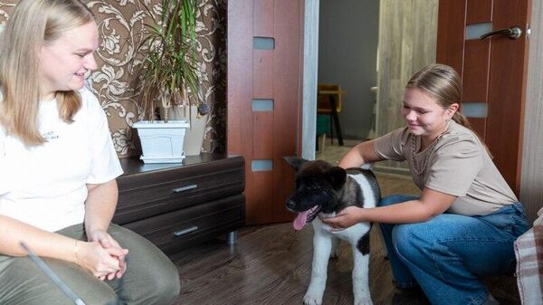 Школьница из Пскова с собакой породы акита-ину, подаренной президентом Владимиром Путиным