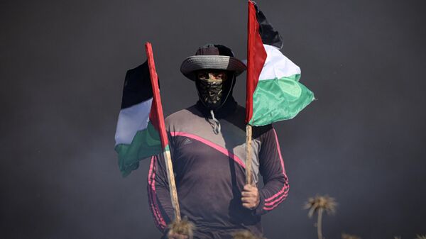Молодой человек с флагами Палестины