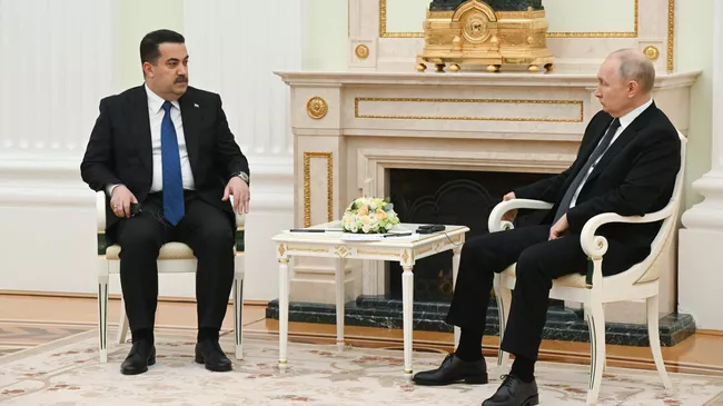 Президент РФ Владимир Путин и премьер-министр Ирака Мухаммед ас-Судани во время встречи в Москве. 10 октября 2023