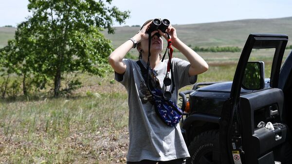 Орнитолог во время работы по высадке птенцов алтайского сокола-балобана