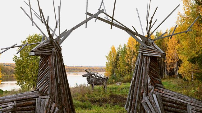 Скульптуры оленей, выполненные из дерева командой Сборная Тайболы, на берегу реки Пинега в культурно-ландшафтном Парке Голубино