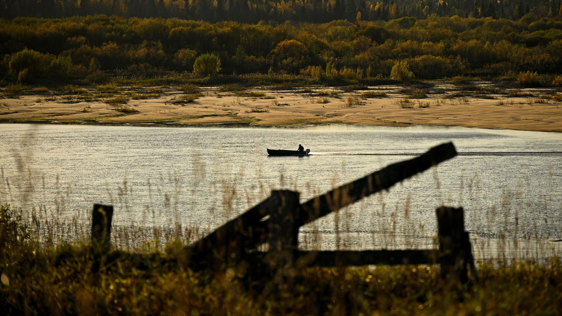 Рыбак плывет на лодке по реке Пинега в Архангельской области - РИА Новости, 1920, 28.11.2023