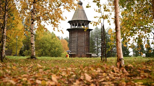 Шатровая колокольня на территории музея-заповедника деревянного зодчества и народного искусства Малые Корелы