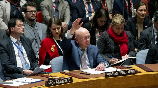 Посол России в ООН Василий Небензя во время заседания Совета Безопасности ООН. 17 октября 2023