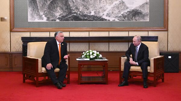 Президент РФ Владимир Путин и премьер-министр Венгрии Виктор Орбан (слева) во время встречи в Пекине. Архивное фото