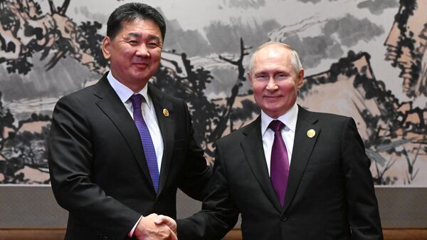 Президент РФ Владимир Путин и президент Монголии Ухнагийн Хурэлсух во время встречи в Пекине