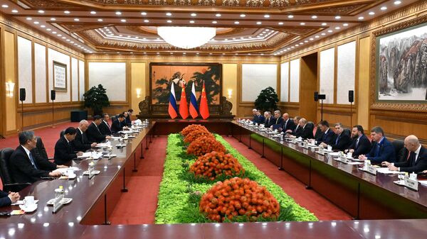 Президент РФ Владимир Путин и председатель КНР Си Цзиньпин во время российско-китайских переговоров в Пекине
