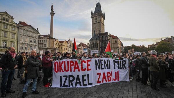 Участники митинга сторонников Палестины в Праге, Чехия