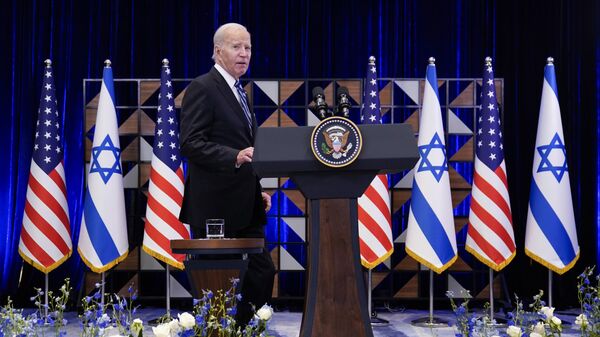 Президент США Джо Байден во время пресс-конференции в Тель-Авиве