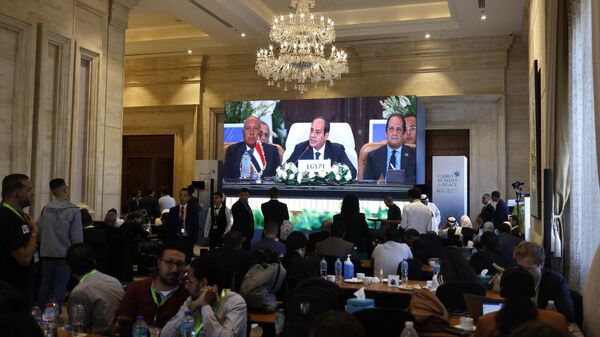 На экране президент Египта Абдель-Фаттах ас-Сиси открывает Международный саммит мира в Каире. 21 октября 2023