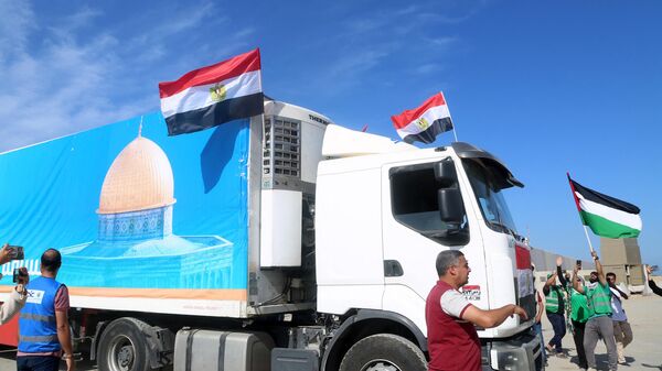 Люди на египетской стороне КПП Рафах приветствуют колонну грузовиков с гуманитарной помощью, направляющуюся в сектор Газа