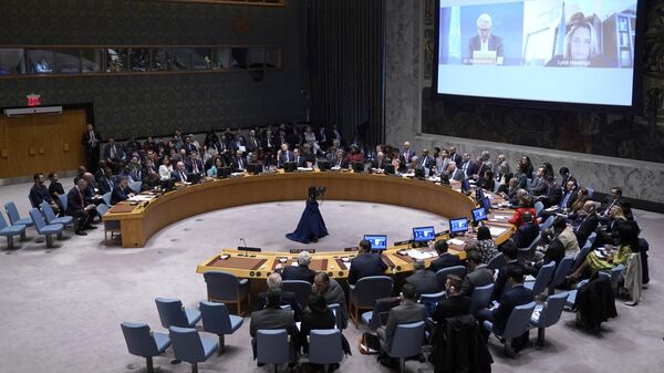 Заседание Совета Безопасности Организации Объединенных Наций по конфликту на Ближнем Востоке в штаб-квартире ООН в Нью-Йорке, США