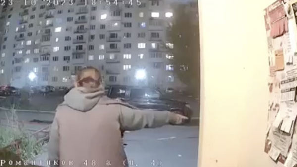Стоп-кадр с камеры домофона, где видно как жительница Саратова бьет и кричит на внучку