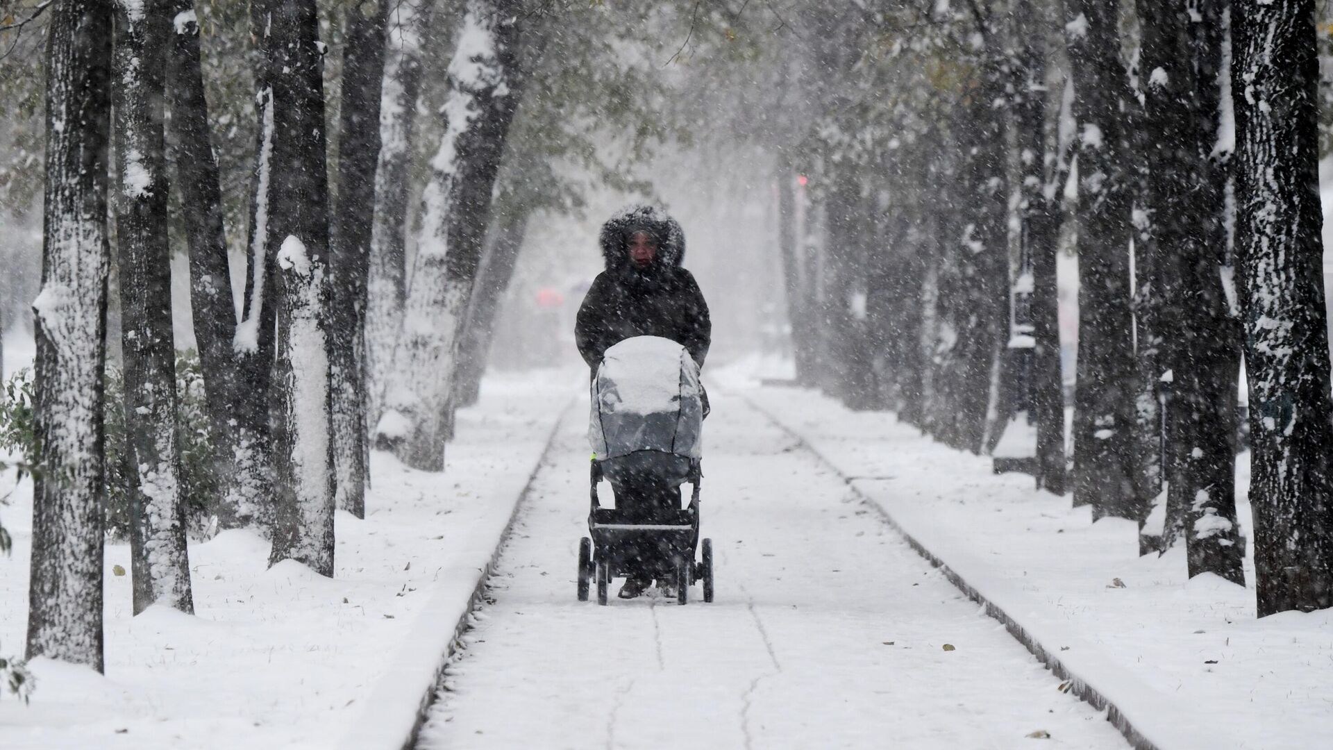Женщина гуляет с ребенком во время снегопада - РИА Новости, 1920, 29.11.2023
