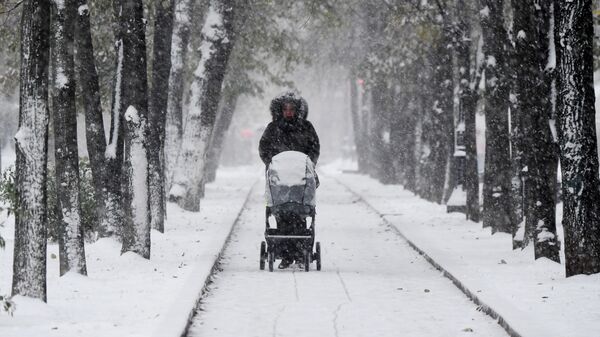 Женщина гуляет с ребенком во время снегопада в Москве