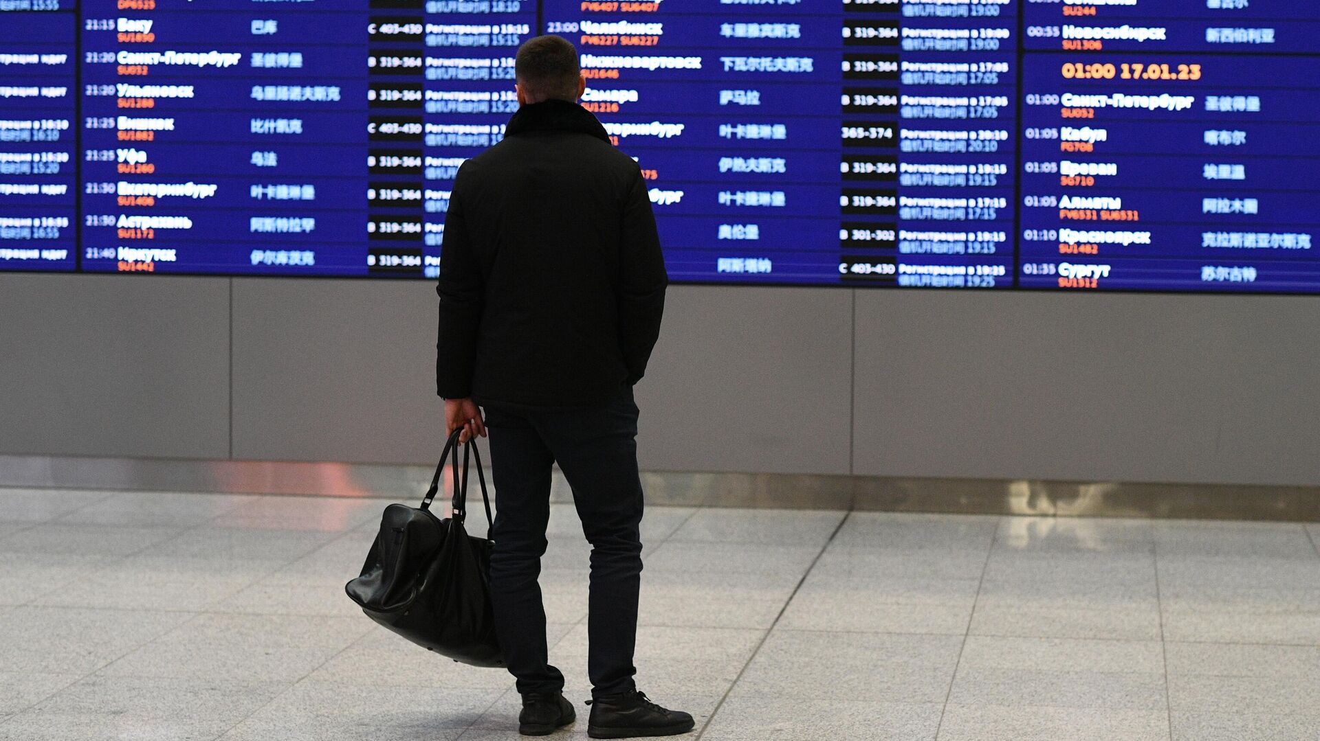Пассажир возле электронного табло с информацией о рейсах в Международном аэропорту Шереметьево - РИА Новости, 1920, 26.11.2023