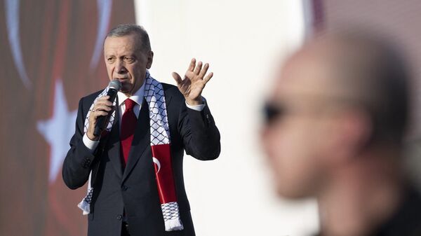 Президент Турции Реджеп Тайип Эрдоган на митинге в поддержку Палестины в Стамбуле