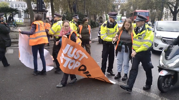 Задержание участницы протестной акции, организованной в понедельник активистами экологического движения Just Stop Oil в Лондоне. 30 октября 2023