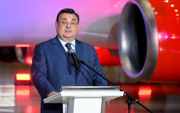 Министр юстиции РФ Константин Чуйченко выступает на презентации самолёта Boeing 737-900 авиакомпании Россия, названного в честь Гавриила Державина