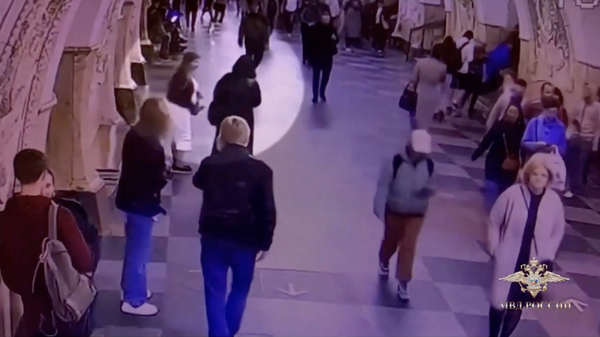 Стоп-кадр с камеры видеонаблюдения, на котором видно, как женщина выпрашивает у пассажиров метро деньги