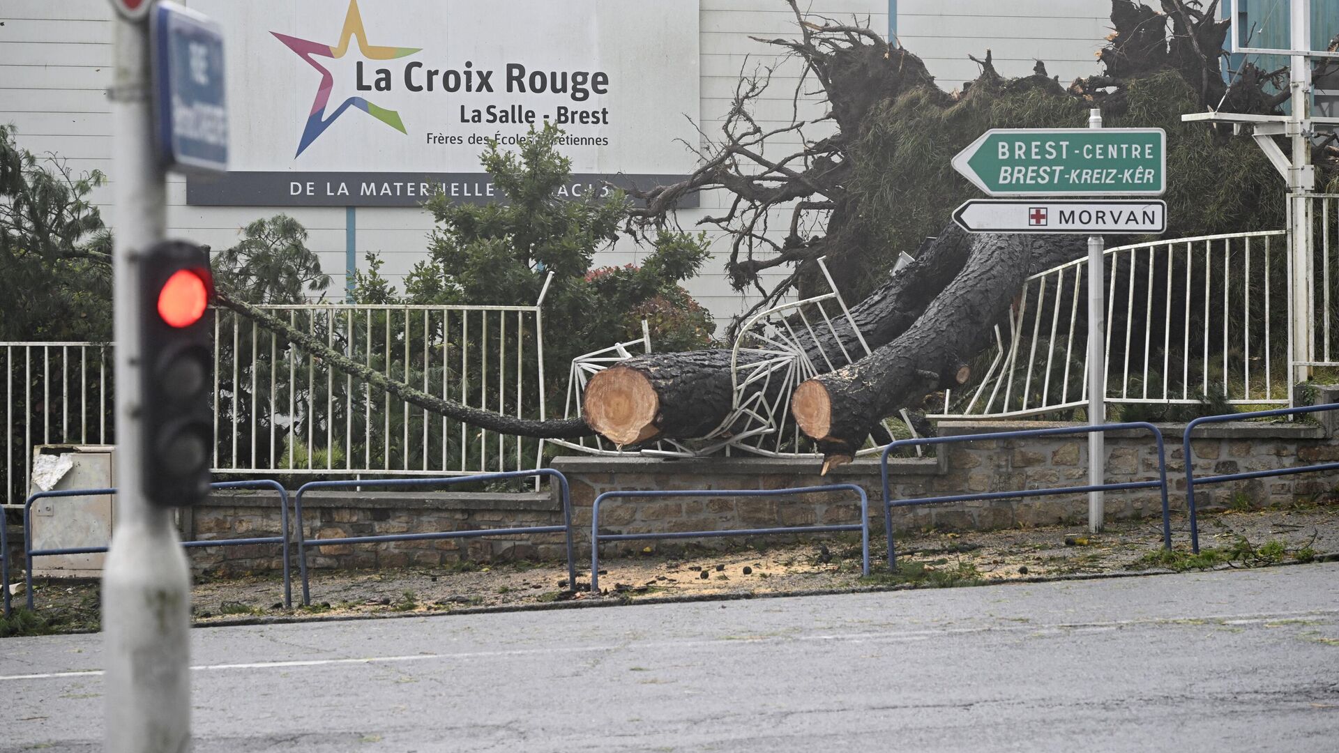 Упавшие деревья на одной из улиц города Брест после шторма Киаран в западной Франции - РИА Новости, 1920, 03.11.2023
