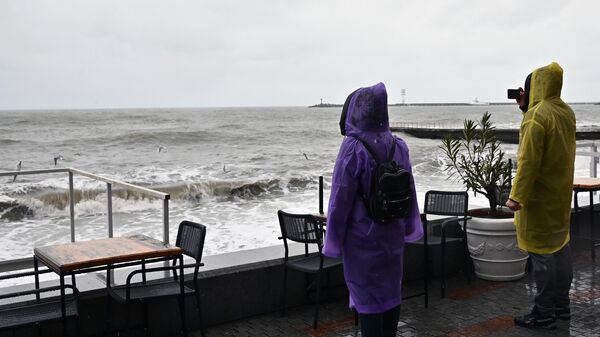 Люди в дождевиках на набережной в штормовую погоду в Сочи
