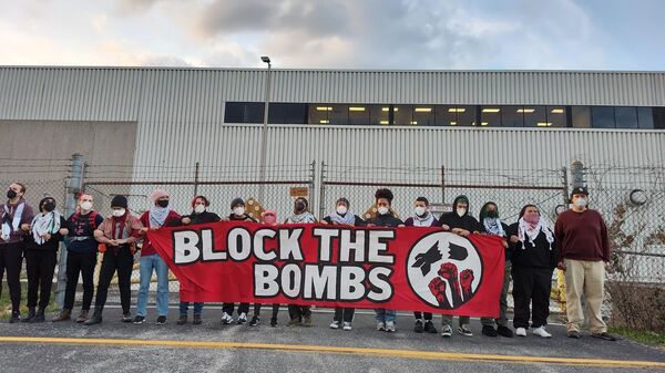 Активисты молодежного антивоенного движения Dissenters на акции протеста возле завода авиастроительной корпорации Boeing в городе Сент-Луисе, штат Миссури