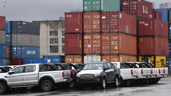 Разгрузка автомобилей, прибывших грузовым судном из Китая, во Владивостокском морском торговом порту. Архивное фото