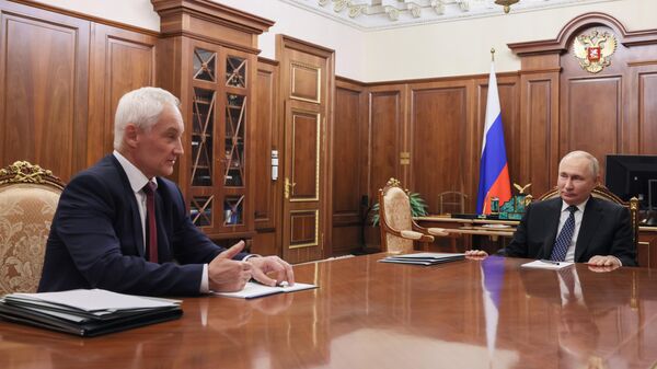 Президент РФ Владимир Путин и первый заместитель председателя правительства РФ Андрей Белоусов во время встречи