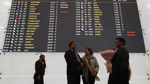 Омар Зороб с цветами рядом с онлайн-табло прилета в международном аэропорту Домодедово имени М. В. Ломоносова в Москве. 13 ноября 2023