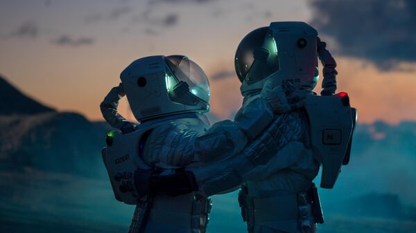Астронавты в скафандрах обнимаются на неизведанной планете