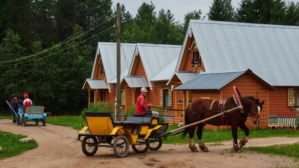 Работники конюшни готовятся к прибытию очередного круизного парохода в туристической деревне Мандроги в Ленинградской области