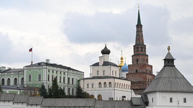 Вид на Губернаторский дворец, музей истории государственности татарского народа и Республики Татарстан, Благовещенский собор, башню Сююмбике и Тайницкую башню Казанского кремля в Казани