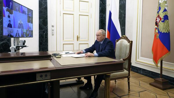 Президент России Владимир Путин в режиме видеоконференции проводит совещание с членами правительства